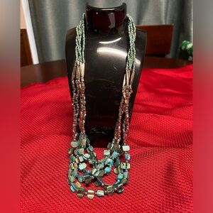 Turquoise, silver seed bead multi-strand necklace. Larger beads turquoise color.
